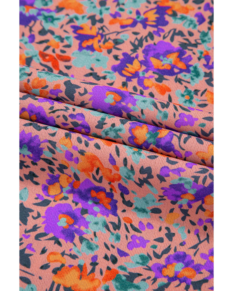 Purple Floral Allover Print Shirred Cuff Frilled O Neck Blouse - L