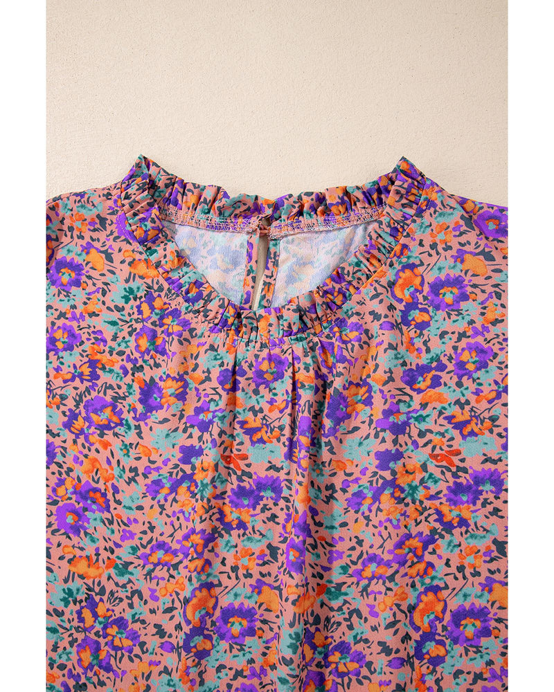 Purple Floral Allover Print Shirred Cuff Frilled O Neck Blouse - L