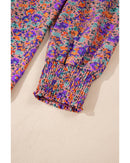 Purple Floral Allover Print Shirred Cuff Frilled O Neck Blouse - L