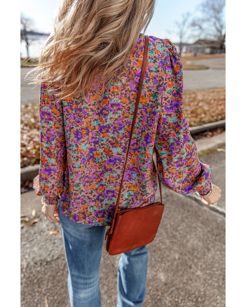 Purple Floral Allover Print Shirred Cuff Frilled O Neck Blouse - L
