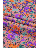 Purple Floral Allover Print Shirred Cuff Frilled O Neck Blouse - M