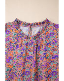 Purple Floral Allover Print Shirred Cuff Frilled O Neck Blouse - M