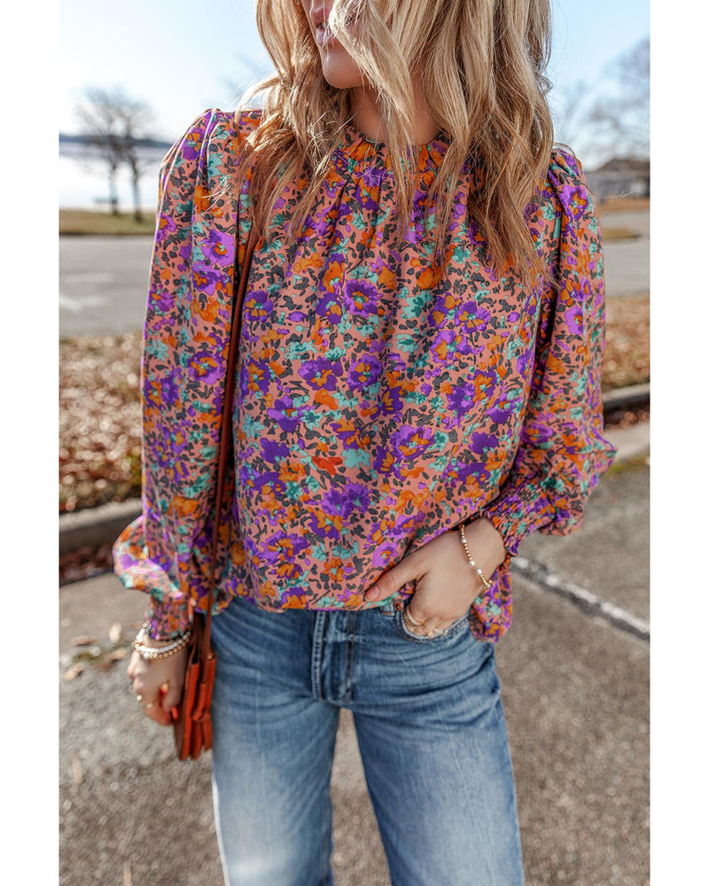 Purple Floral Allover Print Shirred Cuff Frilled O Neck Blouse - S