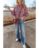 Purple Floral Allover Print Shirred Cuff Frilled O Neck Blouse - S