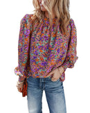Purple Floral Allover Print Shirred Cuff Frilled O Neck Blouse - XL