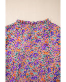 Purple Floral Allover Print Shirred Cuff Frilled O Neck Blouse - XL