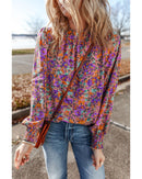 Purple Floral Allover Print Shirred Cuff Frilled O Neck Blouse - XL
