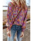 Purple Floral Allover Print Shirred Cuff Frilled O Neck Blouse - XL