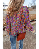 Purple Floral Allover Print Shirred Cuff Frilled O Neck Blouse - XL