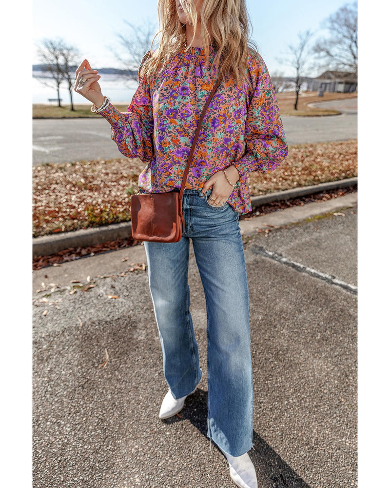 Purple Floral Allover Print Shirred Cuff Frilled O Neck Blouse - XL