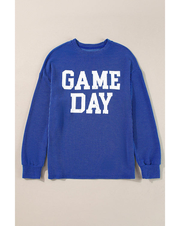 Bluing Corded GAME DAY Graphic Long Sleeve Crewneck Top - L