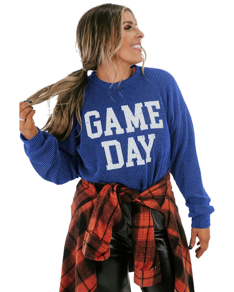 Bluing Corded GAME DAY Graphic Long Sleeve Crewneck Top - L