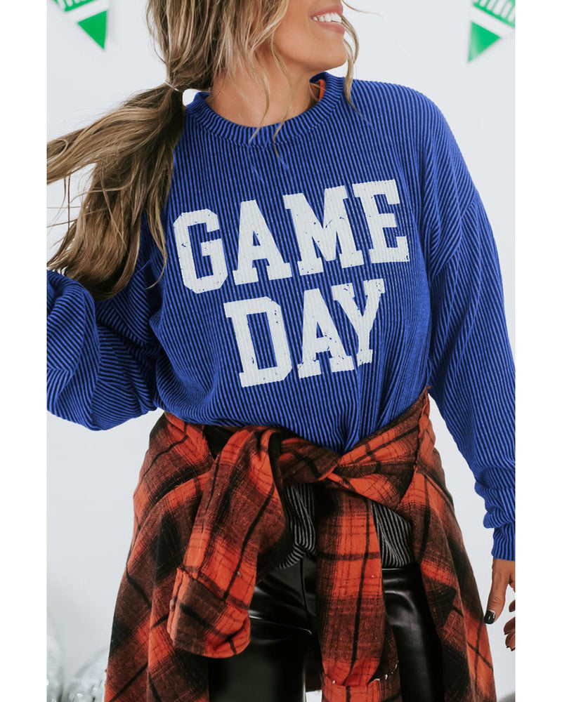 Bluing Corded GAME DAY Graphic Long Sleeve Crewneck Top - L