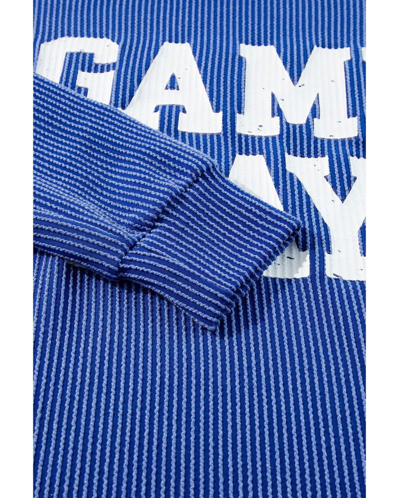 Bluing Corded GAME DAY Graphic Long Sleeve Crewneck Top - L