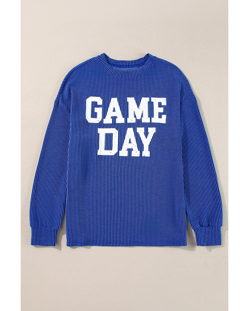 Bluing Corded GAME DAY Graphic Long Sleeve Crewneck Top - M