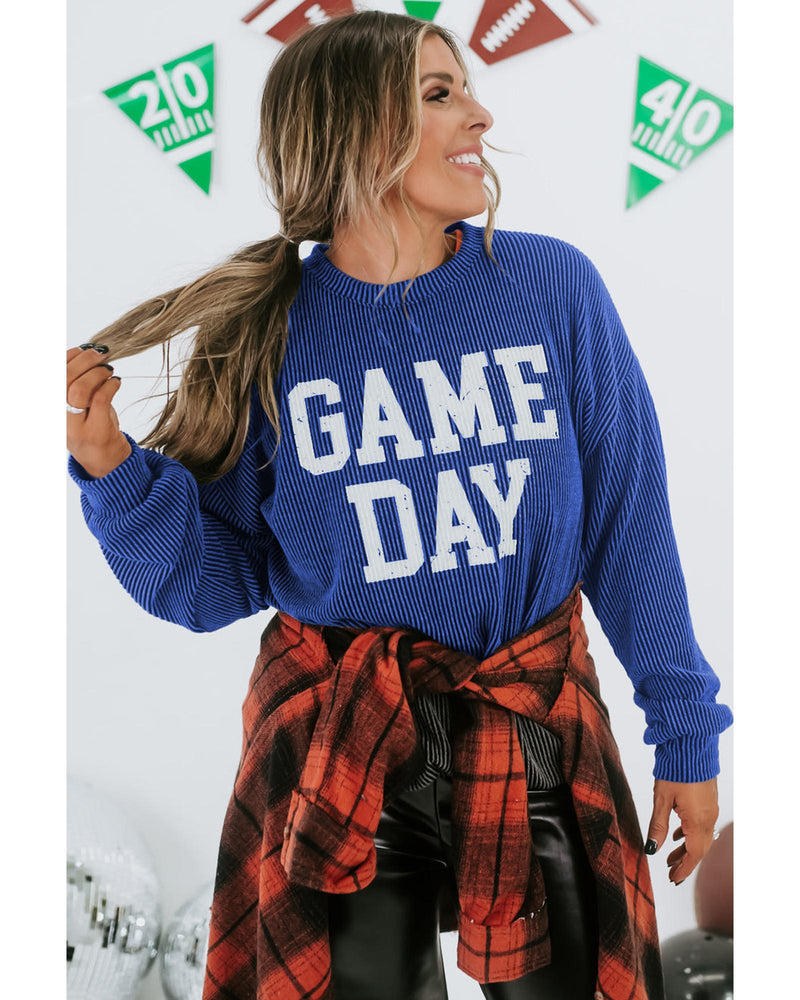 Bluing Corded GAME DAY Graphic Long Sleeve Crewneck Top - S