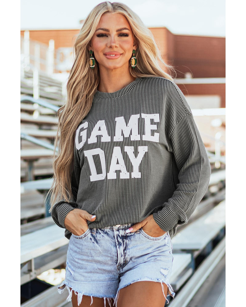 Dark Grey Corded GAME DAY Graphic Long Sleeve Crewneck Top - L