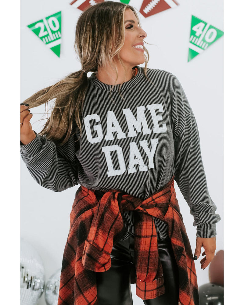 Dark Grey Corded GAME DAY Graphic Long Sleeve Crewneck Top - M