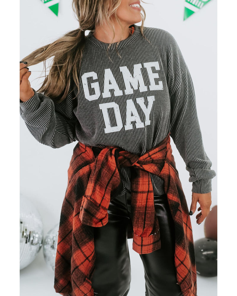 Dark Grey Corded GAME DAY Graphic Long Sleeve Crewneck Top - S