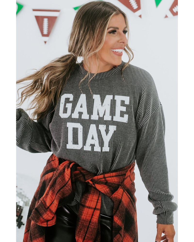 Dark Grey Corded GAME DAY Graphic Long Sleeve Crewneck Top - XL