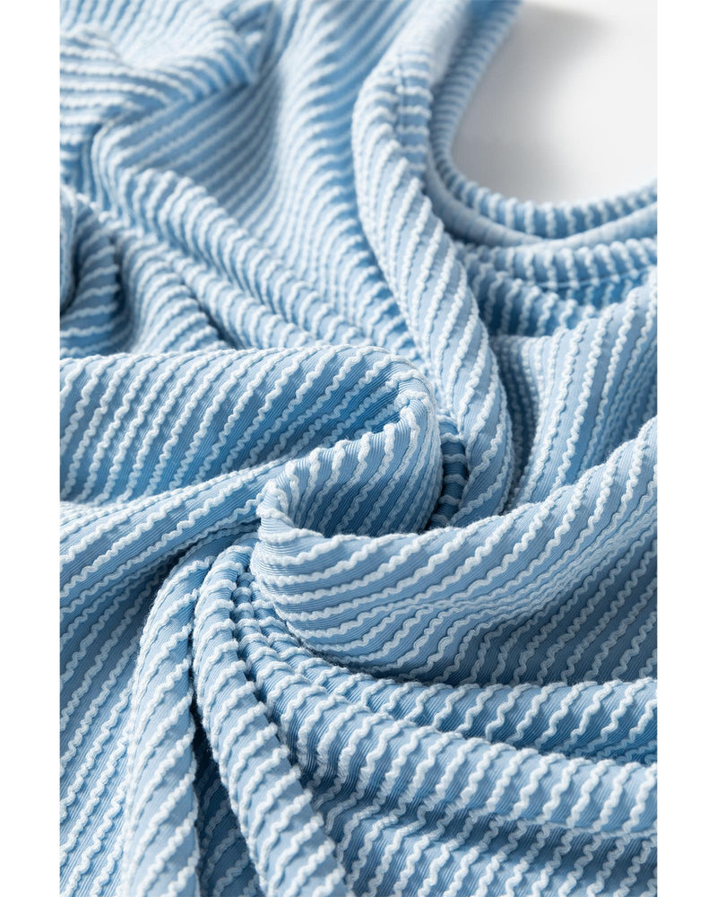 Mist Blue Corded Frilly Puff Sleeve Round Neck Blouse - M