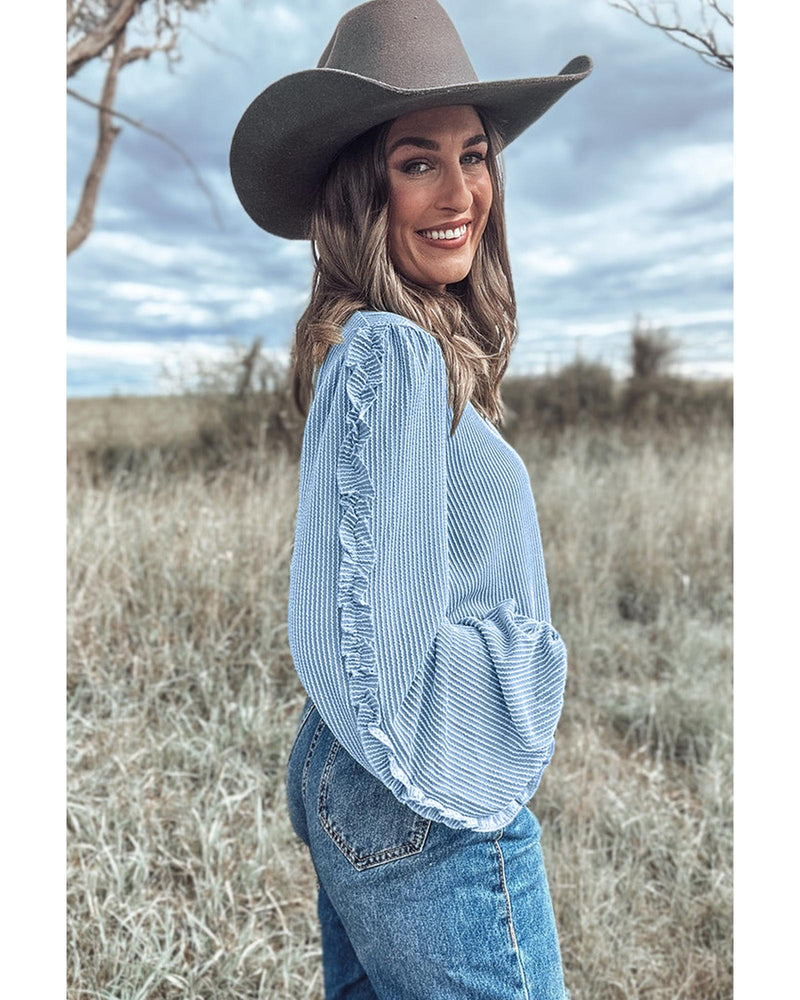 Mist Blue Corded Frilly Puff Sleeve Round Neck Blouse - M