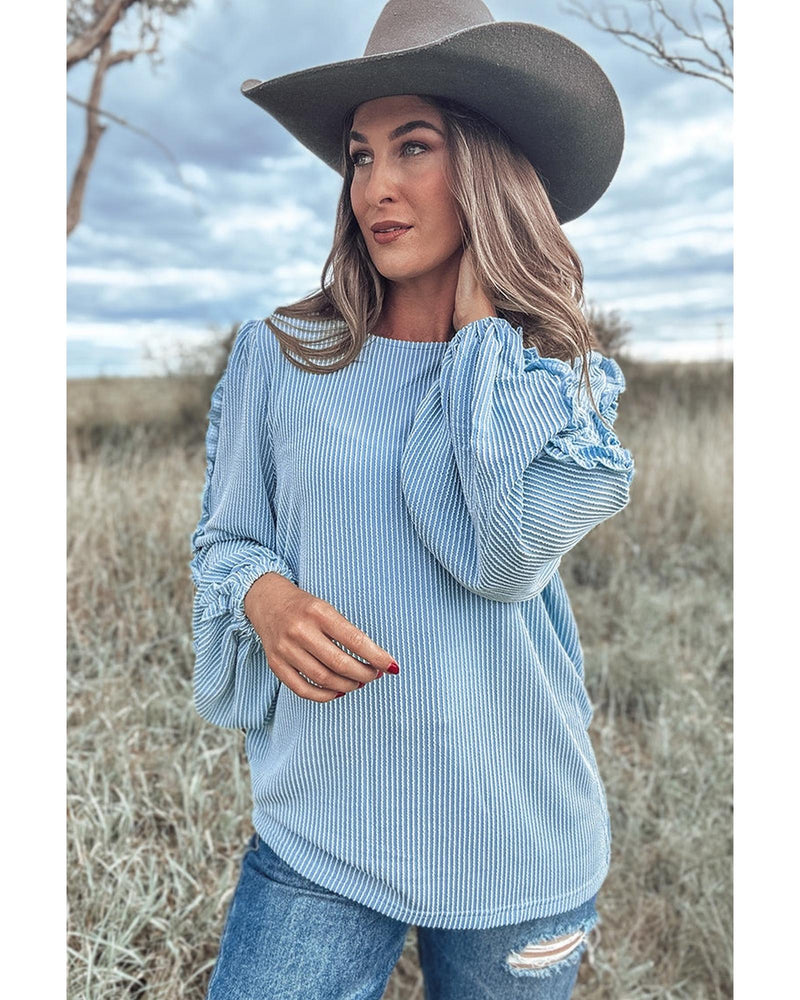 Mist Blue Corded Frilly Puff Sleeve Round Neck Blouse - M