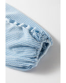 Mist Blue Corded Frilly Puff Sleeve Round Neck Blouse - M