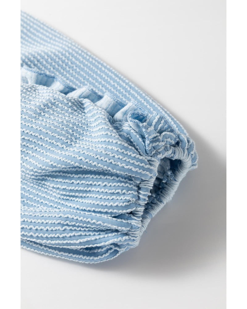 Mist Blue Corded Frilly Puff Sleeve Round Neck Blouse - M