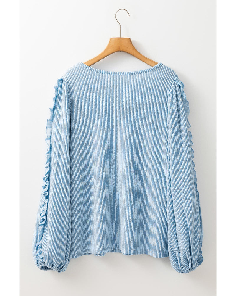 Mist Blue Corded Frilly Puff Sleeve Round Neck Blouse - M