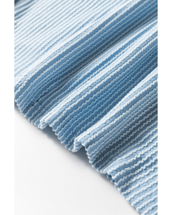 Mist Blue Corded Frilly Puff Sleeve Round Neck Blouse - S