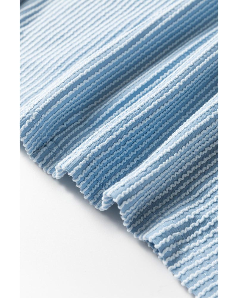 Mist Blue Corded Frilly Puff Sleeve Round Neck Blouse - S