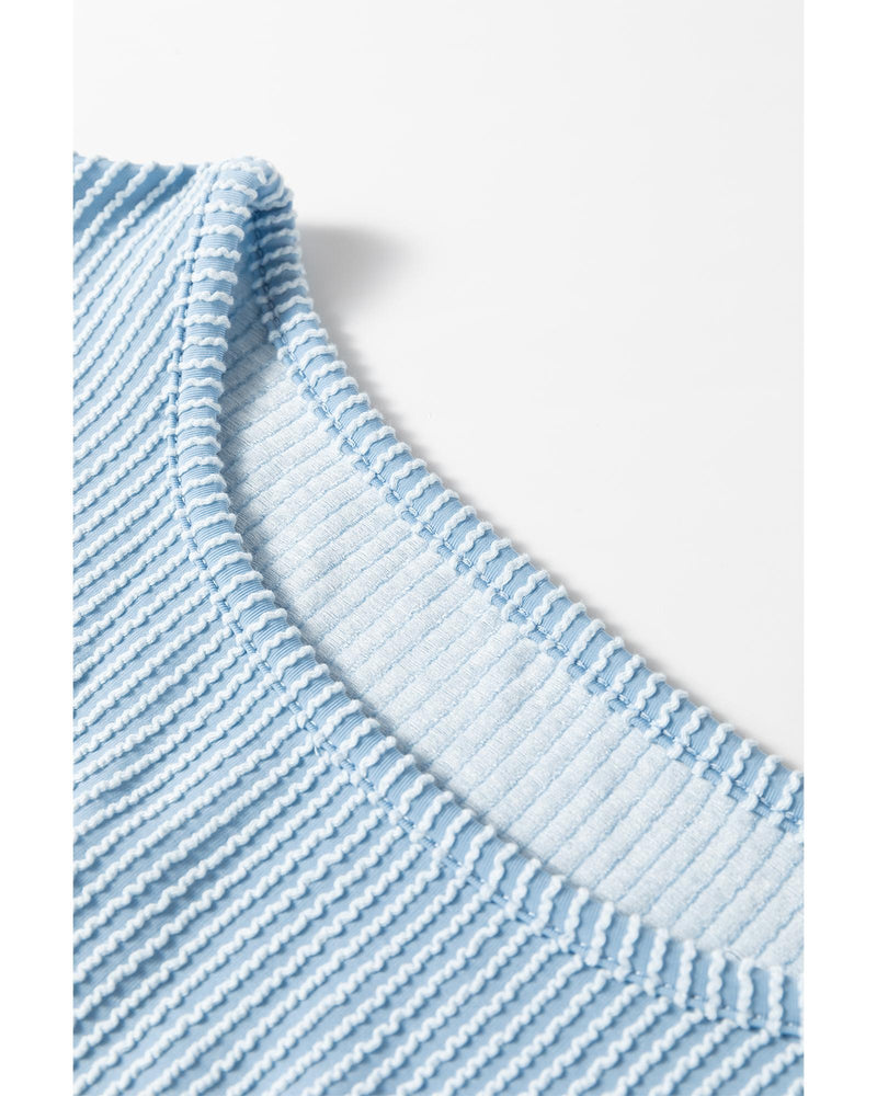 Mist Blue Corded Frilly Puff Sleeve Round Neck Blouse - S