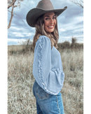 Mist Blue Corded Frilly Puff Sleeve Round Neck Blouse - S