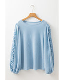Mist Blue Corded Frilly Puff Sleeve Round Neck Blouse - S