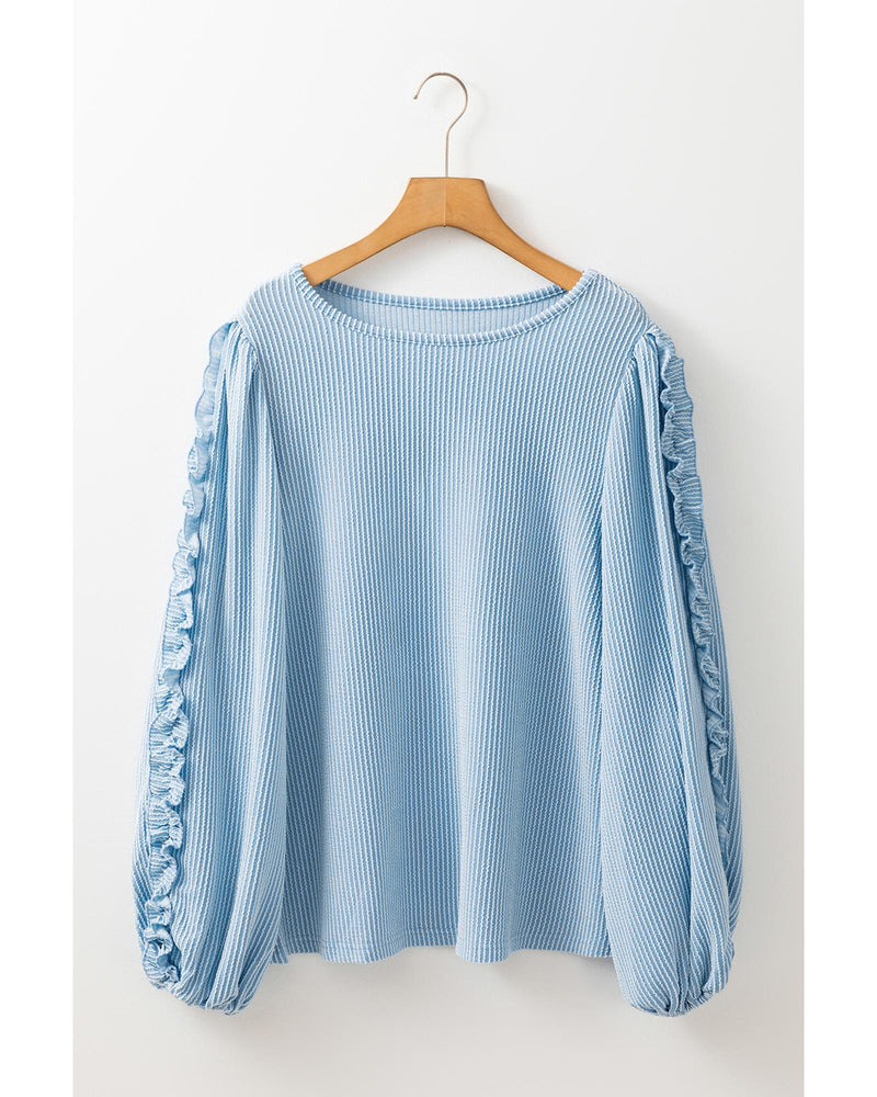 Mist Blue Corded Frilly Puff Sleeve Round Neck Blouse - S