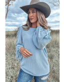 Mist Blue Corded Frilly Puff Sleeve Round Neck Blouse - S