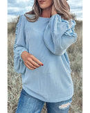 Mist Blue Corded Frilly Puff Sleeve Round Neck Blouse - S