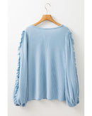 Mist Blue Corded Frilly Puff Sleeve Round Neck Blouse - S