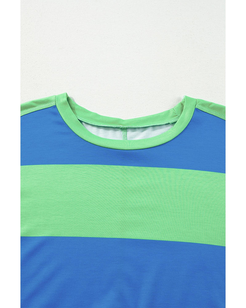 Blue Colorblock Striped Drop Shoulder Loose Top - S