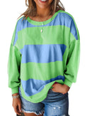 Blue Colorblock Striped Drop Shoulder Loose Top - S