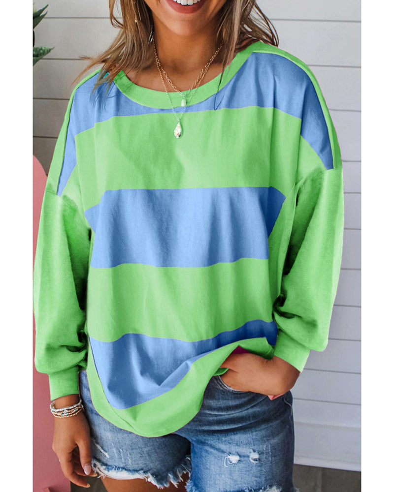 Blue Colorblock Striped Drop Shoulder Loose Top - S