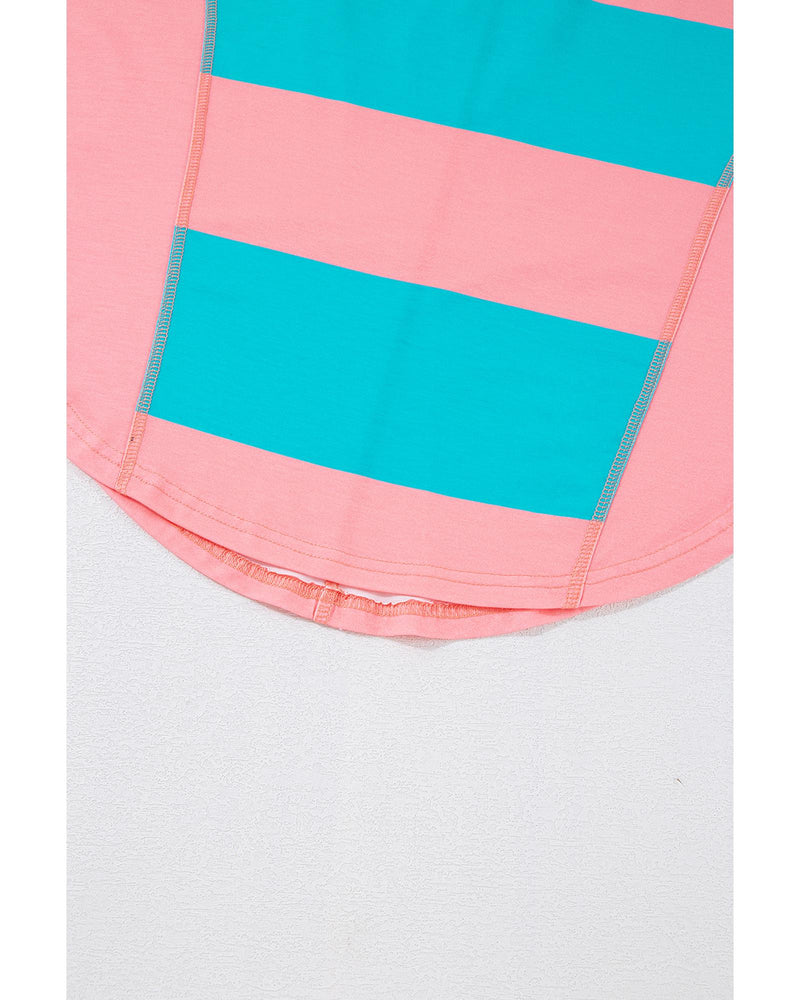 Light Blue Colorblock Striped Drop Shoulder Loose Top - L