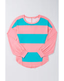 Light Blue Colorblock Striped Drop Shoulder Loose Top - L