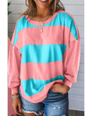 Light Blue Colorblock Striped Drop Shoulder Loose Top - M