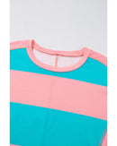 Light Blue Colorblock Striped Drop Shoulder Loose Top - M