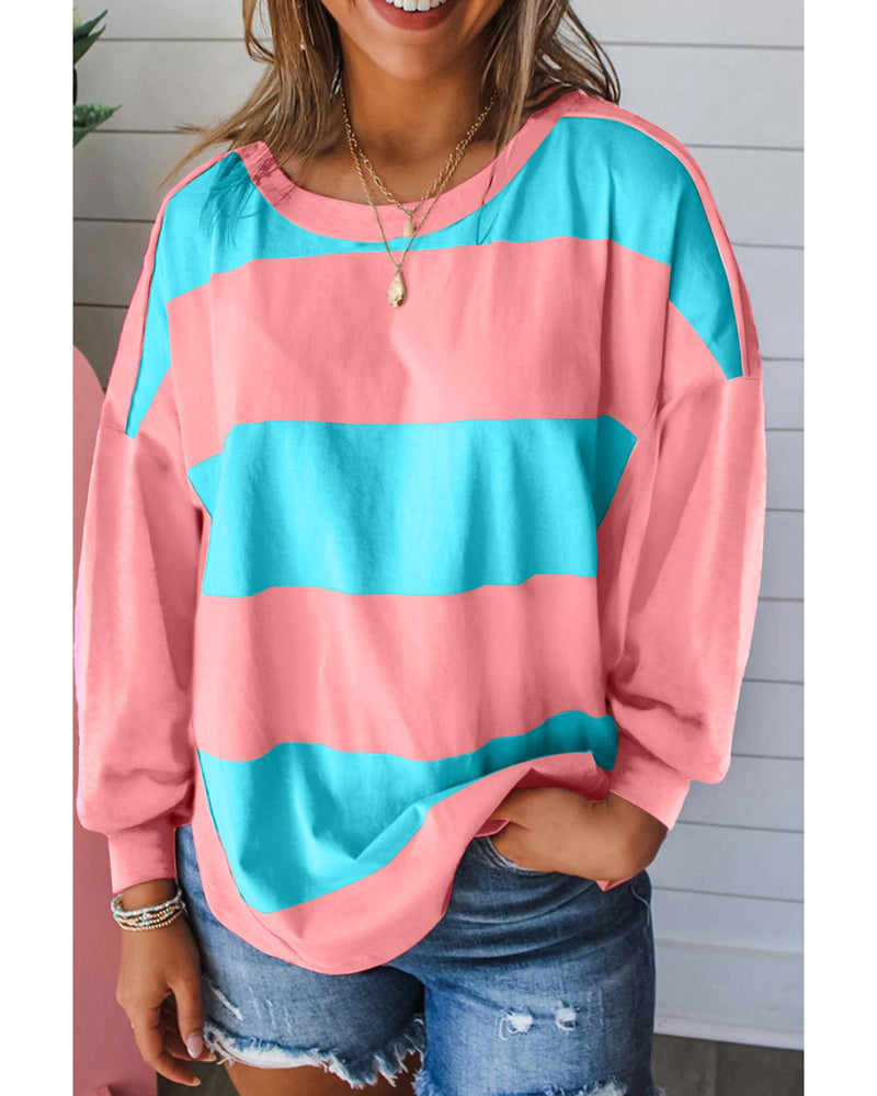 Light Blue Colorblock Striped Drop Shoulder Loose Top - S