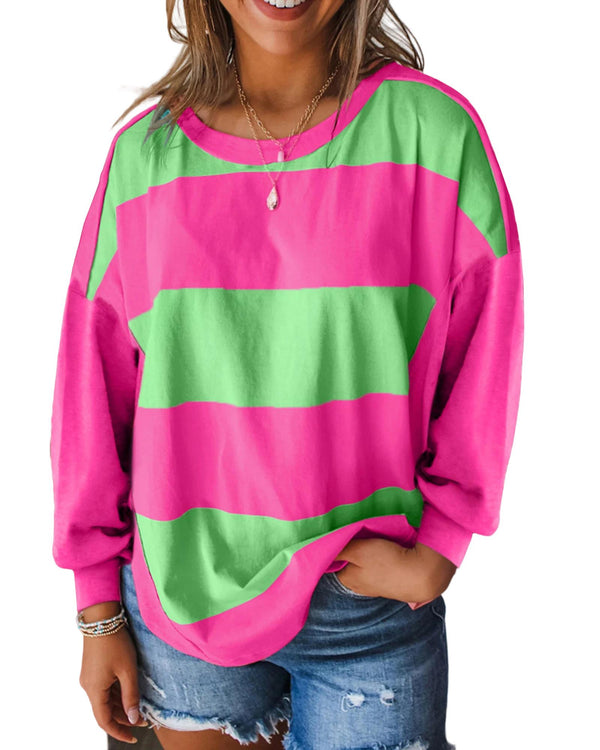 Light Green Colorblock Striped Drop Shoulder Loose Top - S