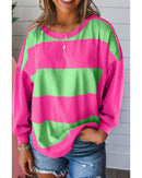 Light Green Colorblock Striped Drop Shoulder Loose Top - S