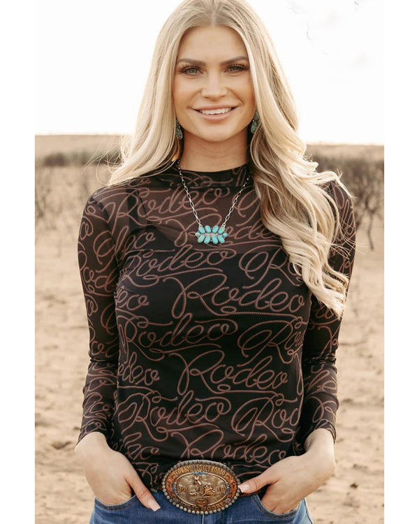 Black Western Rodeo Printed Mock Neck Long Sleeve Mesh Top - M